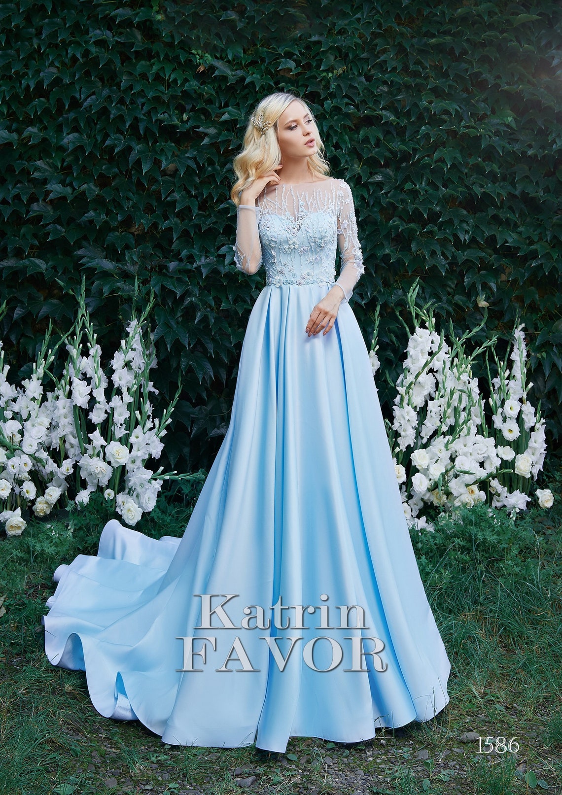 Blue alternative wedding dress Satin wedding guest dress Long image 1