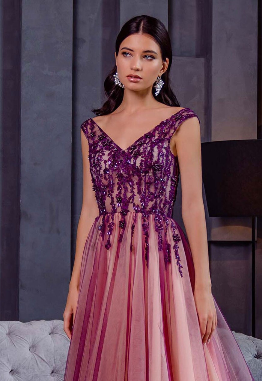 Navy blue wedding guest dress Tulle flow prom dress Pink alternative