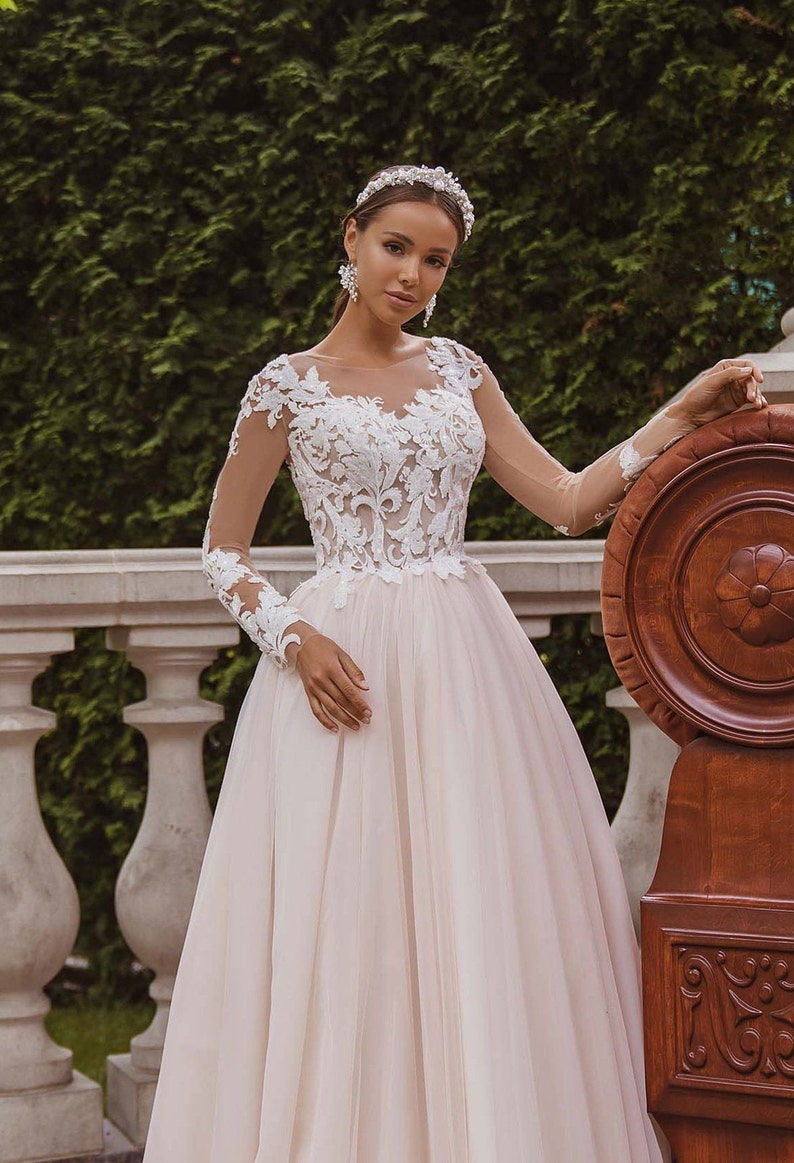 Long Sleeve Wedding Dress Lace Wedding Dress Blush Wedding | Etsy
