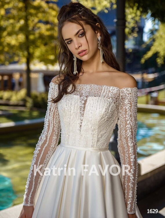 Satin Wedding Dress Beaded Lace 