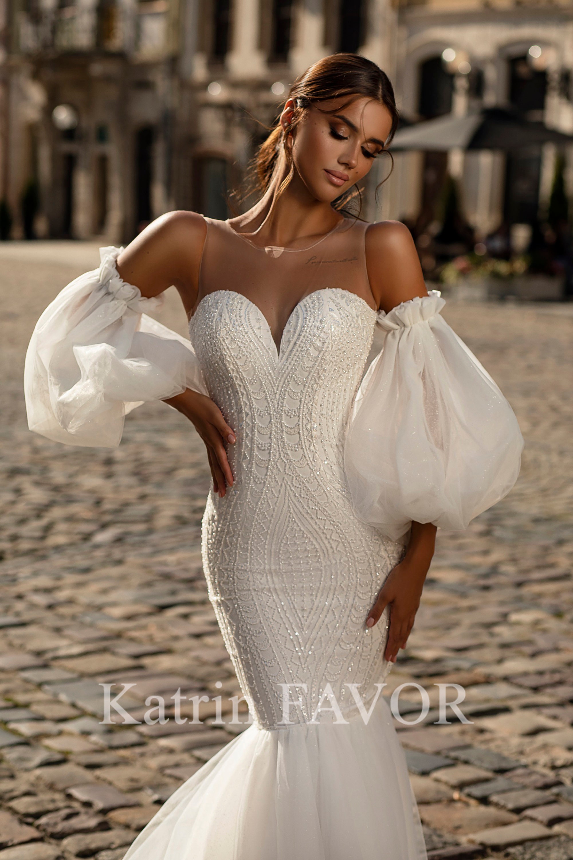 Two piece puff sleeve wedding dress Beaded lace mermaid wedding dress Open  back fitted wedding gown 2 in 1 wedding reception dress custom