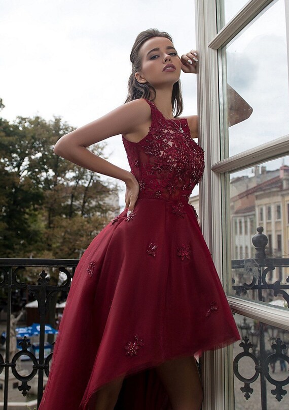 Burgundy Prom Dress Mini Tulle Prom Dress High Low Homecoming - Etsy  Singapore