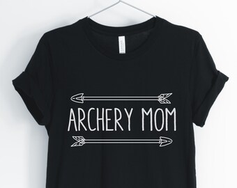 May include: Black t-shirt with white text that reads "ARCHERY MOM" with arrows above and below the text.