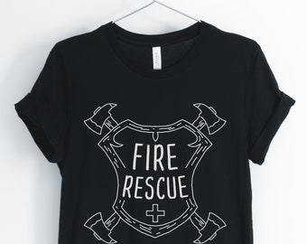 May include: Black t-shirt with a white graphic of a shield with crossed axes and the text "FIRE RESCUE".