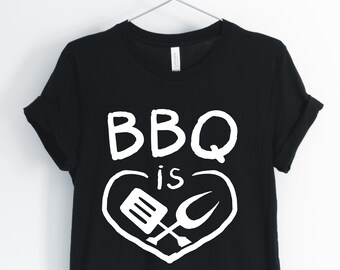BBQ es amor, barbacoa, camisa de barbacoa, camiseta amante de la barbacoa, perfecto regalo lindo verano al aire libre, unisex & camisas de las mujeres