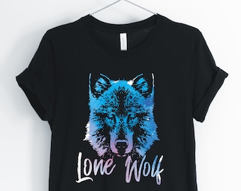 May include: Black t-shirt with a blue and purple wolf graphic and the text "Lone Wolf" printed on the front.