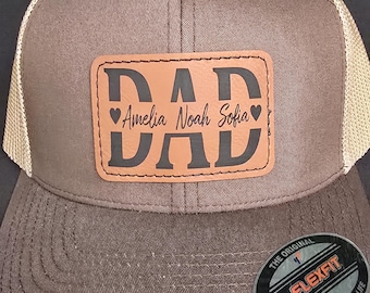 Cappello da papà personalizzato / Cappellino da camionista Flexfit per papà / Toppa in pelle personalizzata / Nomi per bambini