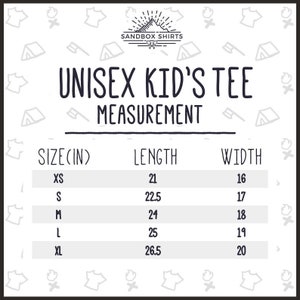 May include: Size chart for a unisex kid's tee shirt showing measurements in inches for length and width. Sizes include XS, S, M, L, and XL.