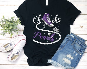 Chucks and Pearls T-Shirt 2024, Inspirational Shirt, Friend Gift, Faith Shirt, Purple Chucks, Unisex & Women&#39;s Shirts
