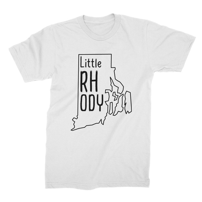 May include: White t-shirt with a black outline of the state of Rhode Island and the text "Little Rhody" inside the outline.