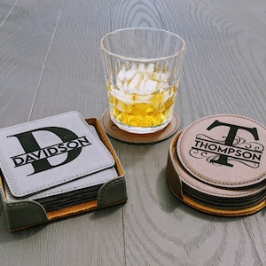 Personalized Custom Coasters, Set of 6 Leather Coasters Set, Drink Coasters, Leather Coaster Set, Vegan Leatherette Coasters, Gift Ideas
