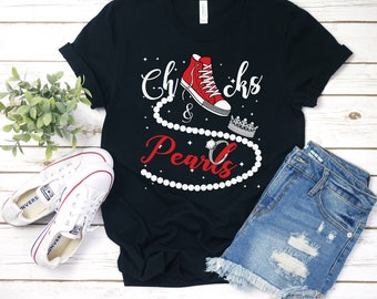 Chucks and Pearls T-Shirt 2024, Inspirational Shirt, Friend Gift, Faith Shirt, Red Chucks, Unisex & Women&#39;s Shirts