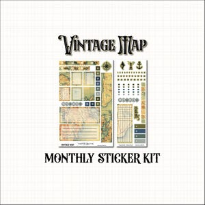 May include: A monthly sticker kit with a vintage map theme. The kit includes stickers with map designs, compasses, and anchors. The text "VINTAGE MAP" and "MONTHLY STICKER KIT" are displayed in a decorative font.