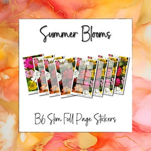 May include: A set of B6 slim full page stickers titled Summer Blooms, featuring various floral patterns with pink, yellow, and white flowers on a black background. The stickers include functional layouts like checklists, grids, and weekly planners.