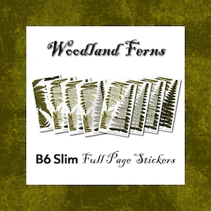 May include: A set of B6 Slim full page stickers featuring a Woodland Ferns theme. The stickers are rectangular with green fern leaf patterns and various grid or list layouts for planning. The text Woodland Ferns and B6 Slim Full Page Stickers is visible.