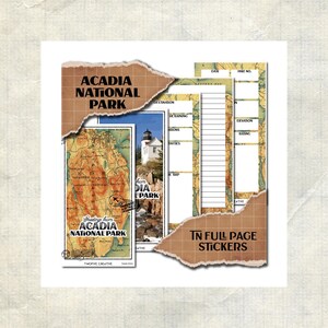 May include: A set of Acadia National Park stickers featuring a map, a lighthouse, and log pages with text including ACADIA NATIONAL PARK, TN FULL PAGE STICKERS, DATE, HIKE NO, DESTINATION, ELEVATION, RATING, and TWOFIVE CREATIVE on a grid background.