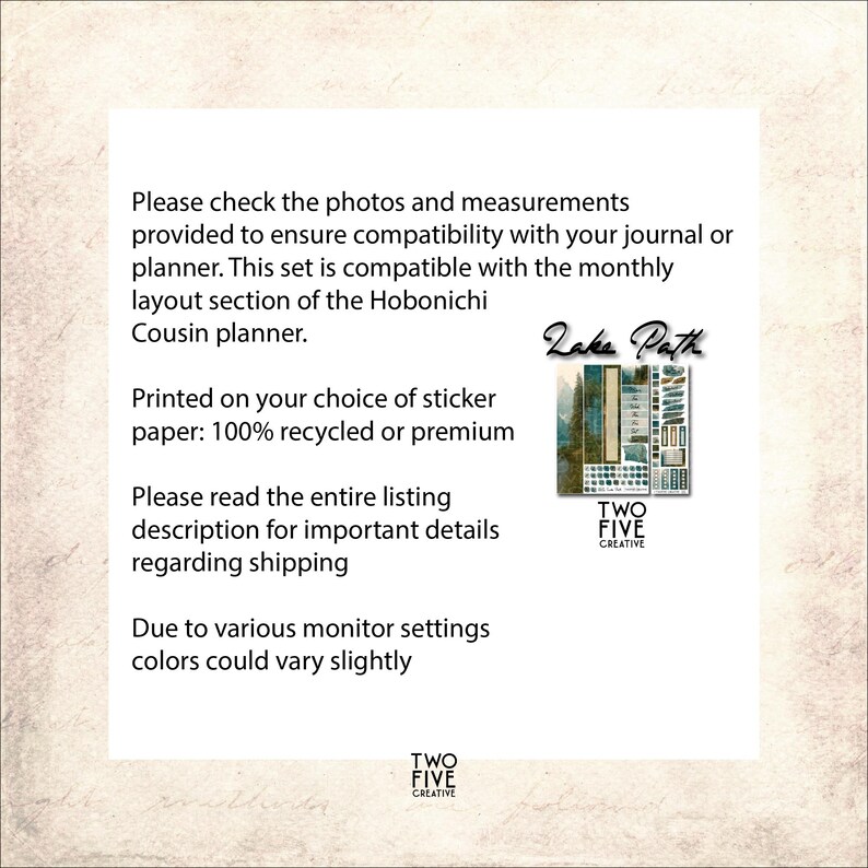 May include: A rectangular sticker sheet titled Lake Path featuring various nature-themed designs in shades of green, blue, and brown. The sheet includes rectangular strips, small circular icons, and decorative elements, with the text TWO FIVE CREATIVE at the bottom.