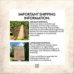 May include: A white informational graphic titled IMPORTANT SHIPPING INFORMATION featuring two brown paper envelopes. The top envelope displays a black ink illustration of a sailing ship. The bottom envelope shows a black ink illustration of a signpost.