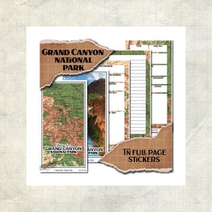May include: A set of Grand Canyon National Park TN full page stickers featuring topographic map designs, landscape illustrations, and lined journaling sections with headers for date, hike number, destination, elevation, and rating printed in black.