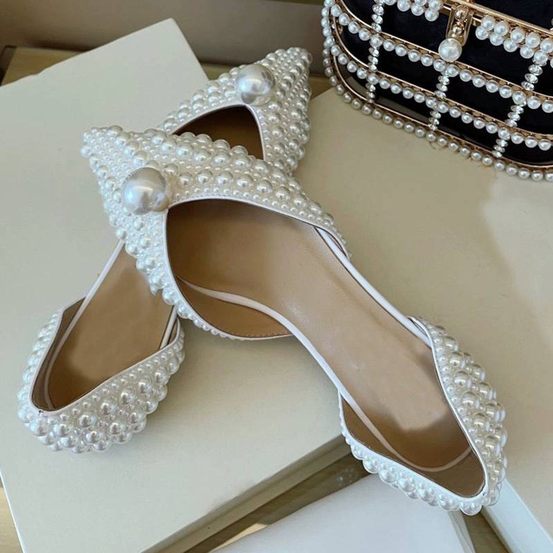 Pointy Toe Wedding Bridal Rhinestone Pearls Flat Shoes. Slip image 3