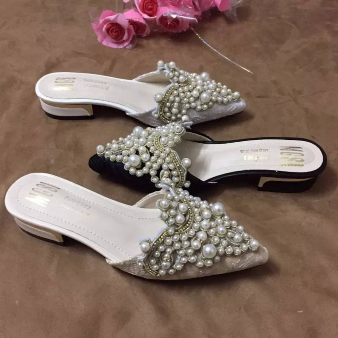 Bridal Pearl Slippers Women's Mules Pointed Toe Wedding image 1
