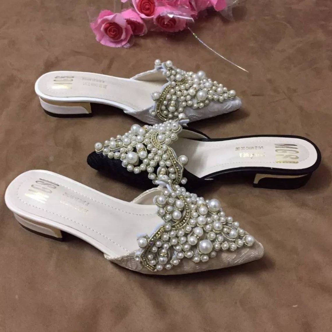 Bridal Pearl Slippers Women's Mules Pointed Toe Wedding image 1