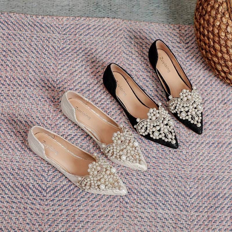 Black Ivory Lace Wedding Pearls Flat Shoes. Bridal Spring | Etsy