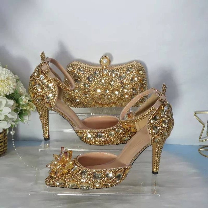 Champagne Gold Bronze Crystal Shoes Rhinestone Bridal Wedding - Etsy