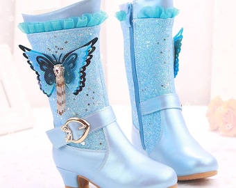 Fairytale Princess Frozen Movie Elsa inspired Girls Blue and Pink Purple Glitter Jeweled Dress Boots with Low Heel. Perfect for Fall  Winter