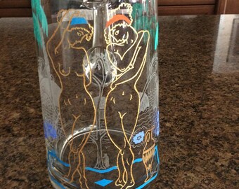 Engraved glassware, etched glass pitcher, hand painted, pitcher 10" tall, party, entertainment