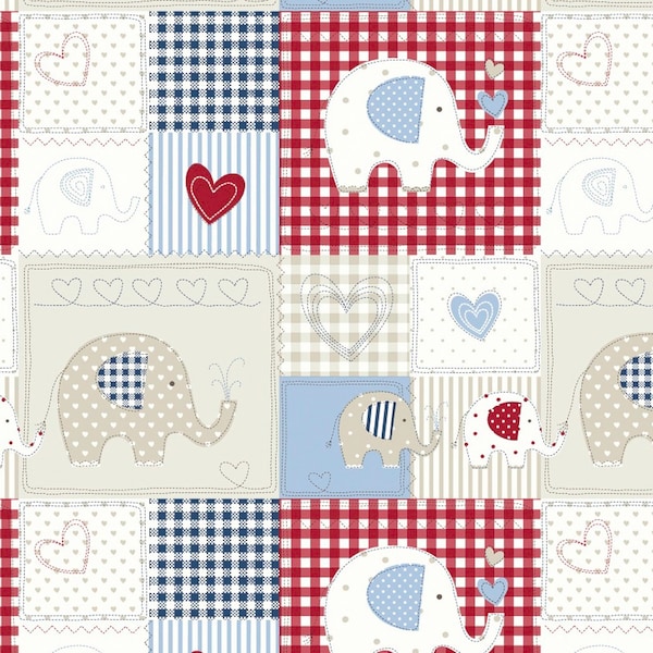 Bobo Childrens elephants, hearts, Gingham Check, Oilcloth Tablecloth Cotton With PVC Coating Wipeclean, Round, Square, Rectangle or Oval