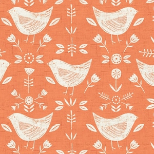 Burnt Orange Narvik Birds Leaves and Flowers Scandinavian, Oilcloth Tablecloth Wipe Clean Cotton Cloth With PVC Coating
