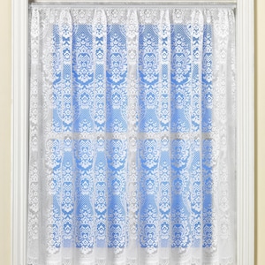 Traditional White Net Curtain in Luxury Victorian Lace Effect Damask Pattern. Sold by the Metre in width