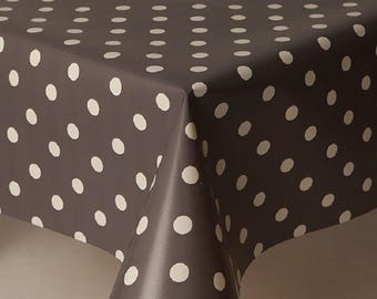 PVC Dark Grey Polkadot Design, Dark Grey Ground with White Polkadots Wipe Clean, Vinyl / Plastic Table Cloth Oilcloth