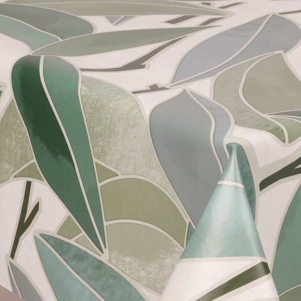 PVC Tablecloth Virginia Green Tropical Leaves Wipe Clean , Vinyl / Plastic Table Cloth, in Round, Square, Rectangle