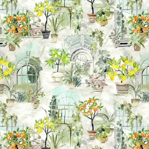 Oilcloth Tablecloth Glasshouse Citrus, Plant pots, Plants , Flowers on Cream ground Cotton Cloth With Matte PVC Coating Wipeclean,