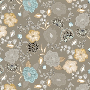 May include: A seamless pattern featuring a variety of stylized flowers in shades of blue, yellow, brown, and gray on a light brown background.