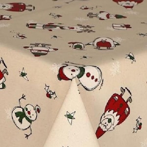 Christmas Oilcloth Tablecloth Snowman Santa Rudolph Presents Holly Leaves Wipe Clean, Cotton with Acrylic coating , Water Resistant