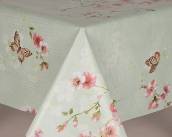 Mantel de PVC Pretty Blossom Flowers and Butterflies, en rosas y verdes sobre un fondo verde claro, limpia, mantel de vinilo / plástico