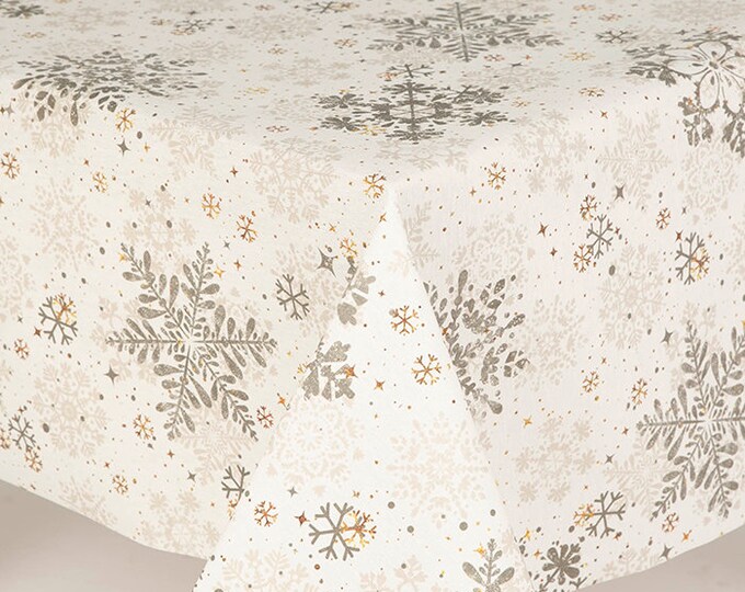 Christmas Oilcloth Tablecloth, Silver and Gold Snowflakes, Stars, Wipe