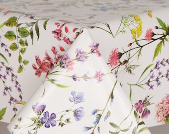 PVC Tablecloth Fabulous Flowers Botanical Flowers, in Pinks and Greens on a White Ground, Wipe Clean, Vinyl / Plastic Table Cloth