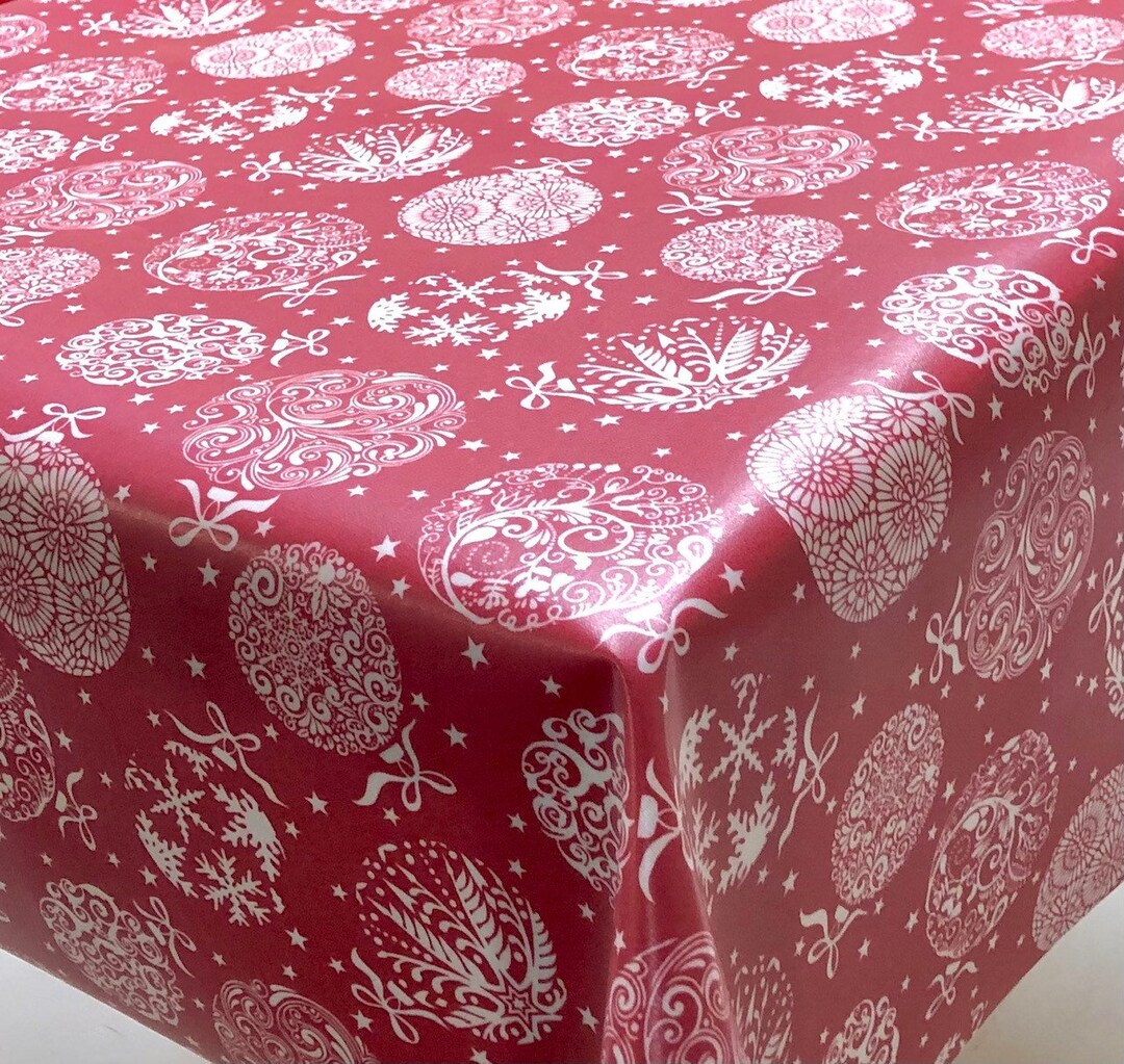 Christmas Oilcloth Tablecloth Red and White Baubles, Snowflakes, Wipe