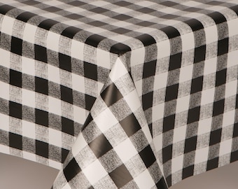 Mantel de PVC con estampado tradicional de cuadros vichy negros con diseño de cuadros cuadrados blancos, fácil de limpiar, mantel de vinilo/plástico, fácil de cuidar.
