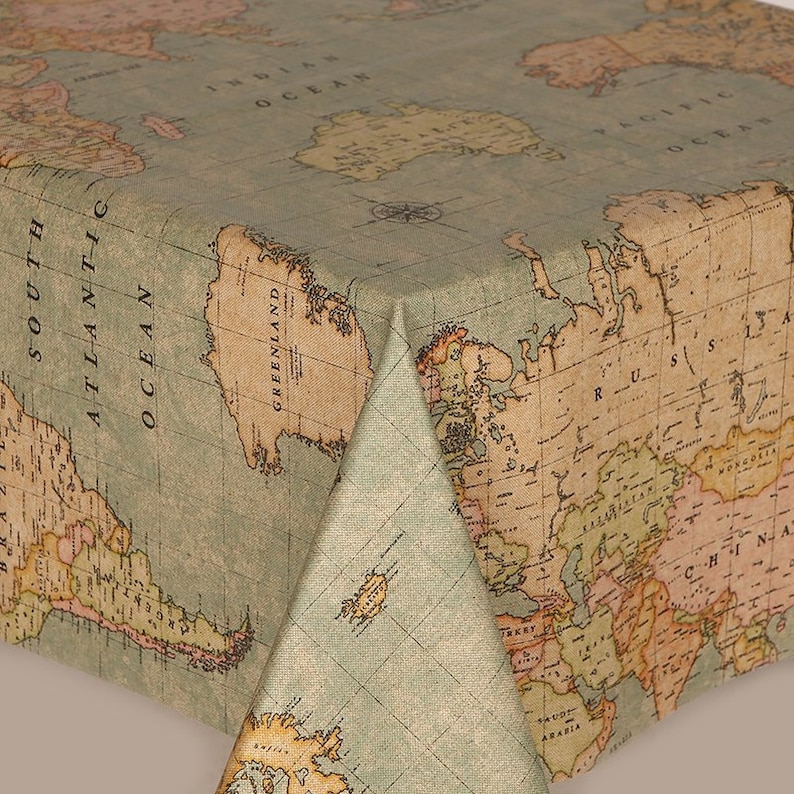 World Map Atlas Oilcloth Tablecloth Cotton Cloth Duck Egg Etsy New Zealand