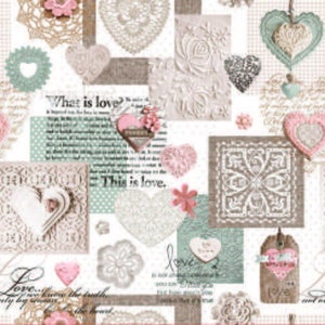 May include: A repeating pattern featuring various heart designs, floral accents, and text blocks on a white background. The hearts are in shades of pink, gray, and teal, with some appearing textured or embossed. The text includes the phrases "What is love?" and "This is love."