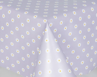 PVC Tablecloth Daisy Lilac Purple Ground with White and yellow Daisy Flowers Wipe Clean , Vinyl / Plastic Table Cloth, Easy Care