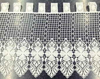 Cream / Ivory Macrame Cafe Net Curtain/Lace Curtain Design detailed tab top in 3 drops Sold by the metre, quantity=number of metres in width