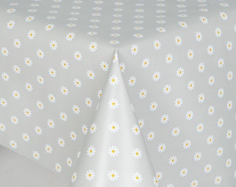 PVC Tablecloth Daisy Grey Ground with White and yellow Daisy Flowers Wipe Clean , Vinyl / Plastic Table Cloth, Easy Care