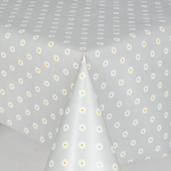 PVC Tablecloth Daisy Grey Ground with White and yellow Daisy Flowers Wipe Clean , Vinyl / Plastic Table Cloth, Easy Care