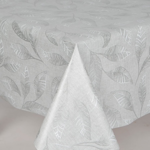 May include: A pale grey tablecloth featuring a repeating pattern of stylised leaves in a lighter shade of grey. The leaves have detailed veining, and the fabric has a subtle texture. The tablecloth is folded over, showing the underside.